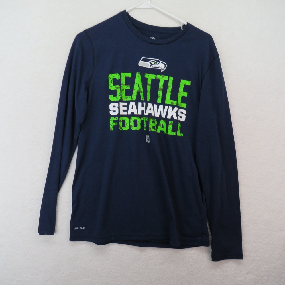 NFL Seattle Seahawks Boys XL 18 Navy Blue Long Sleeve Dri Tek Football T-Shirt